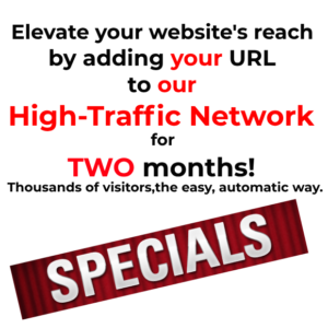 Unlock 2 Months of Website Visitors! 🌐🚀 Elevate your website's reach by adding your URL to our high-traffic network for TWO months! Thousands of visitors, the easy, automatic way.